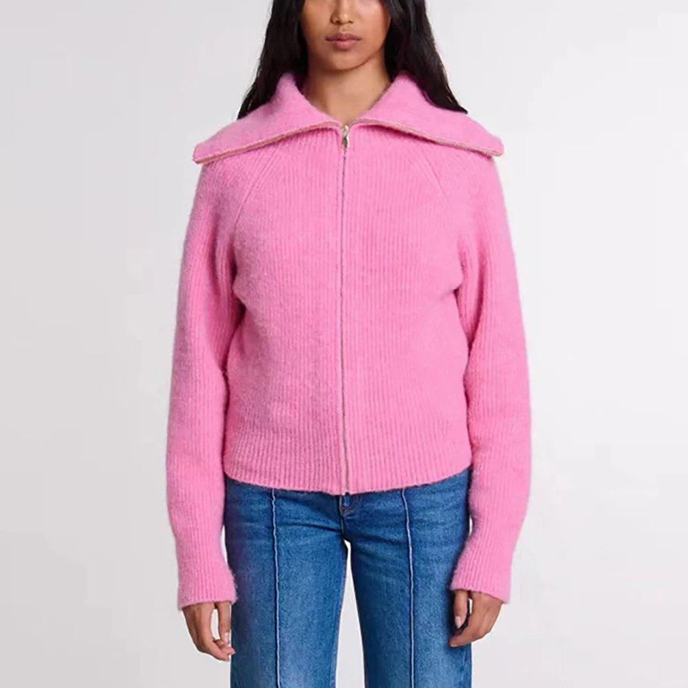 Cotton Women\'s Sweater Y2k Large Lapel Blend Shoulder Sleeve Elegant Commuter Zipper Pullover Jacket Tops 2024 Autumn New
