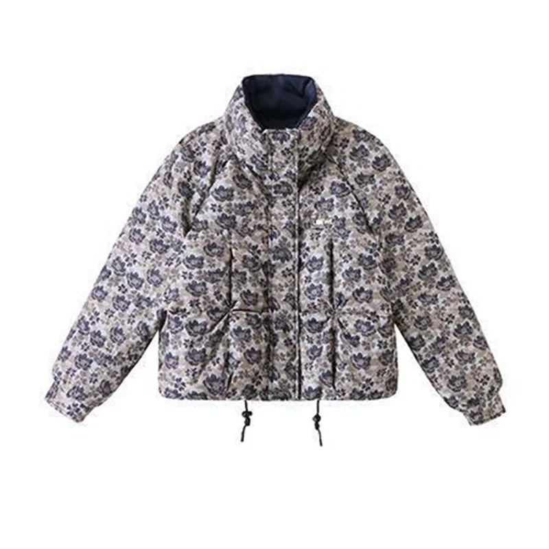 

European Floral Print Short Cotton Jacket Women's Winter Fashion Stand Up Collar Coat Loose Versatile Long Sleeved Warm Top