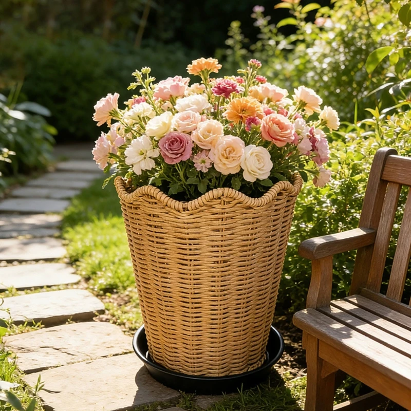 Scalloped Border Pot Cover Basket with Separate Base Dish for Displaying Flowers or Artificial Arrangements Indoors 87HA