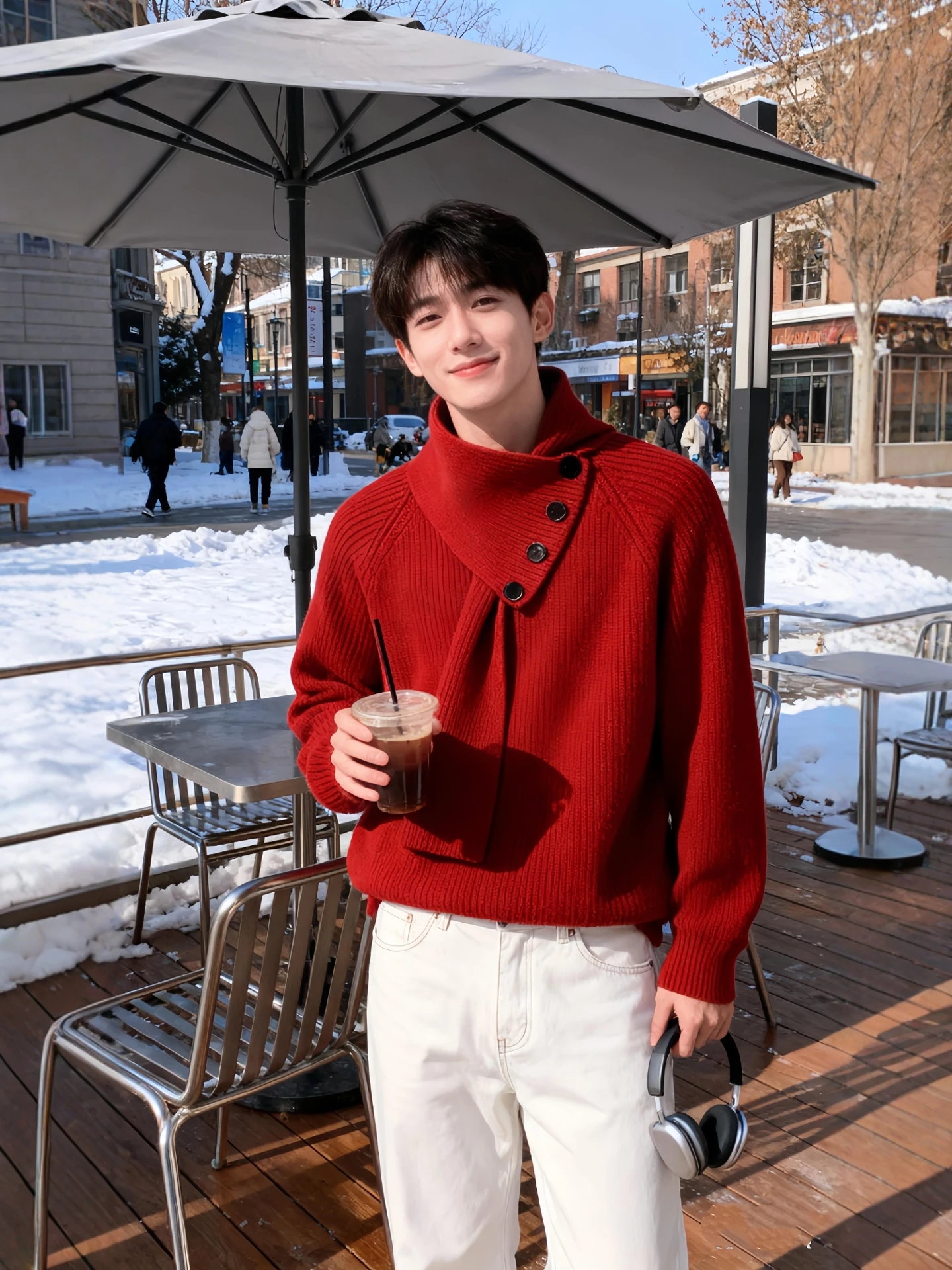 

Red Towel Collar Knitted Sweater Men's Autumn Winter Faion Casual Sle Polyester Fiber Long Sve Button up Knitwear