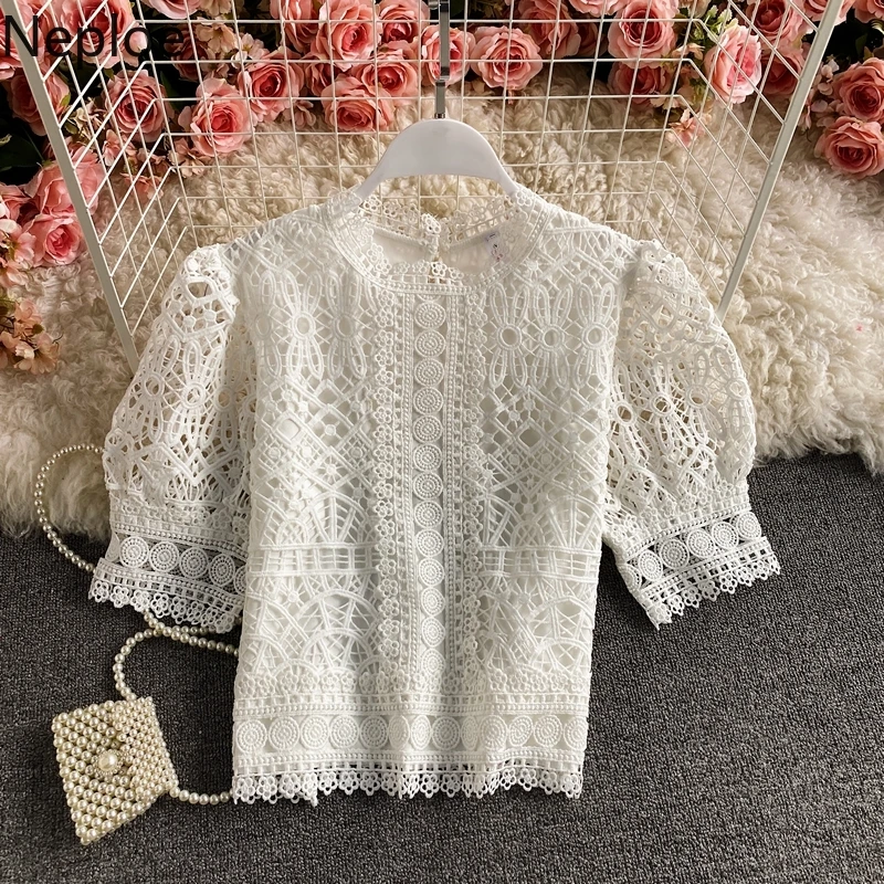 Blusas Mujer De Moda 2023 Vintage Puff Sleeve Blouses Hollow Out Crochet Floral Crop Tops Korean Summer Elegant Lace Shirts