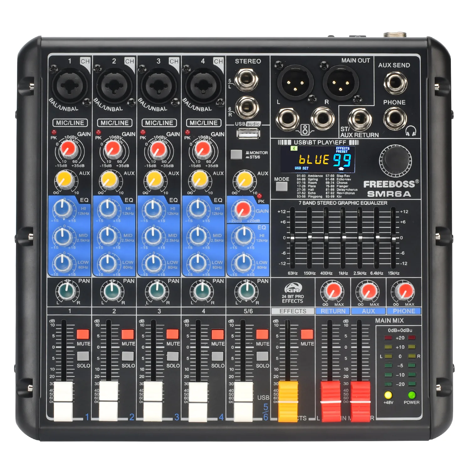 FREEBOSS 6 Channel Mixer Audio 99 DSP Effect Bluetooth 7 Band EQ Mute Solo Mixing Console USB PC Record Sound Table Party SMR6A