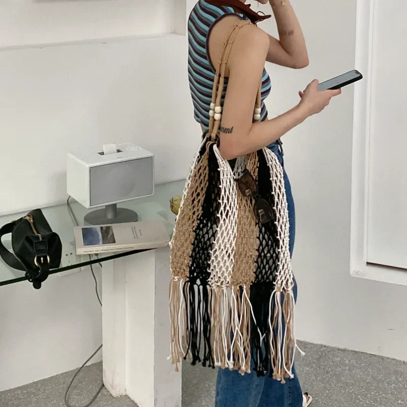 Bolsos de hombro de rejilla con borlas bohemias para mujer, Bolsos De Mujer tejidos de cuerda colorida, bolsos de señora hechos a mano, bolso de
