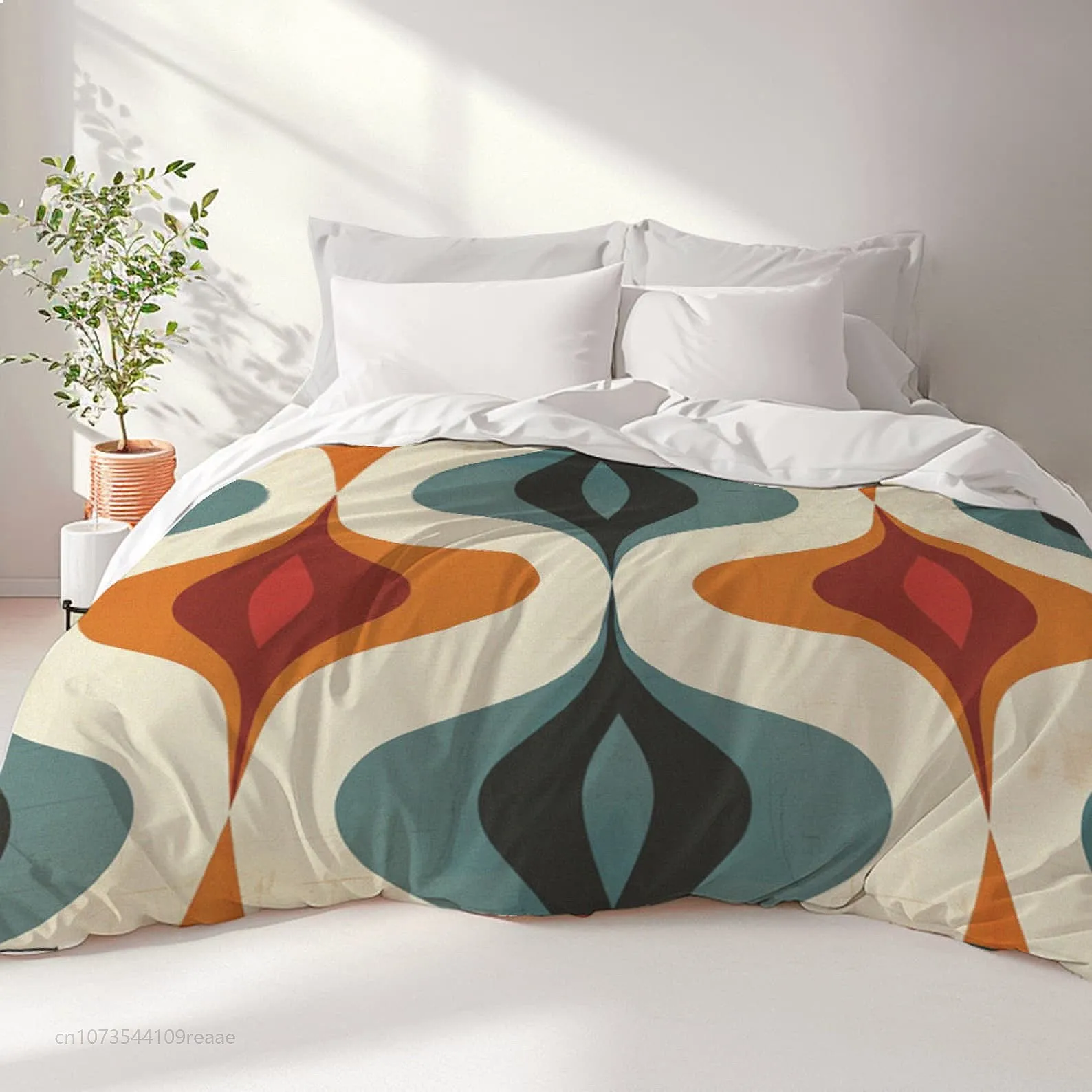 Mid Century Modern Teal Orange Duvet Cover Large Scale Abstract Pattern Bedding Set