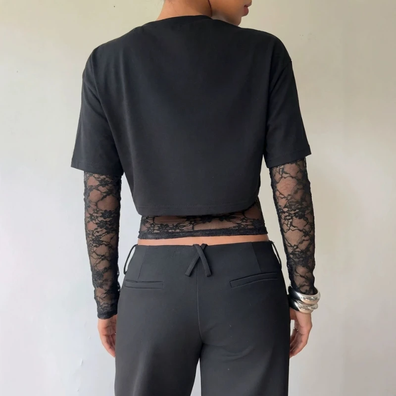 Fall New Y2K Fake‑two‑piece Lace Spliced Crop Top Women, Brown Round Neck Short Sleeve Sheer Mesh Long Sleeve T‑Shirt