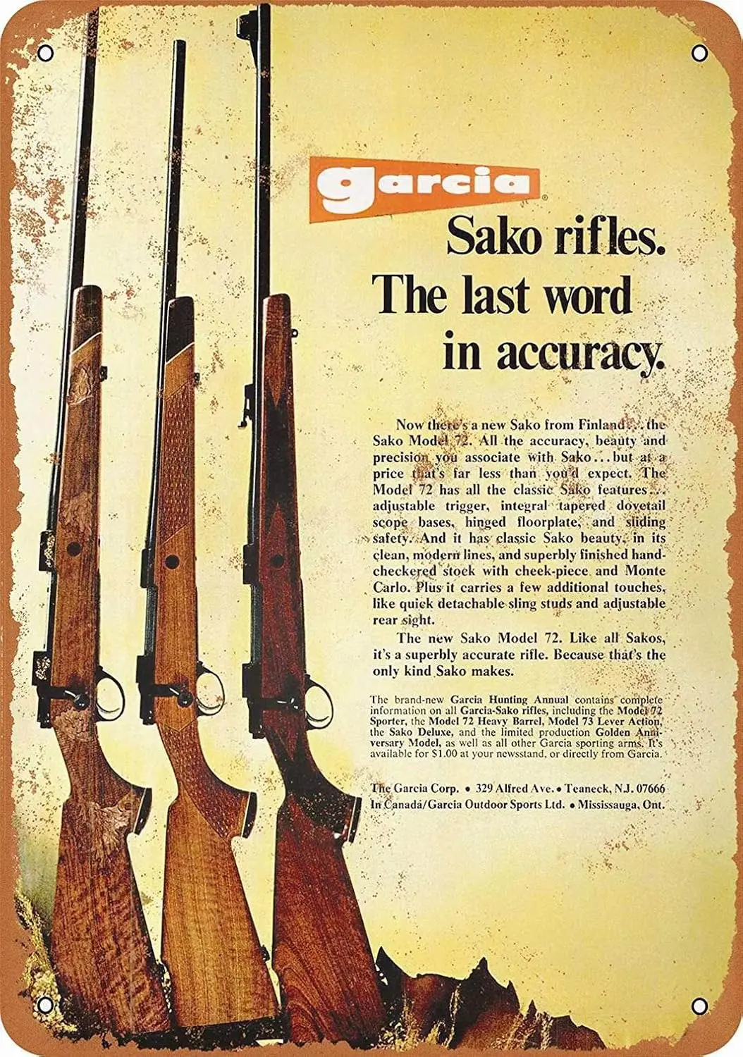 Vintage Tin Sign 12x16 Sako Model 72 Rifles Funny Home Decor Room Art