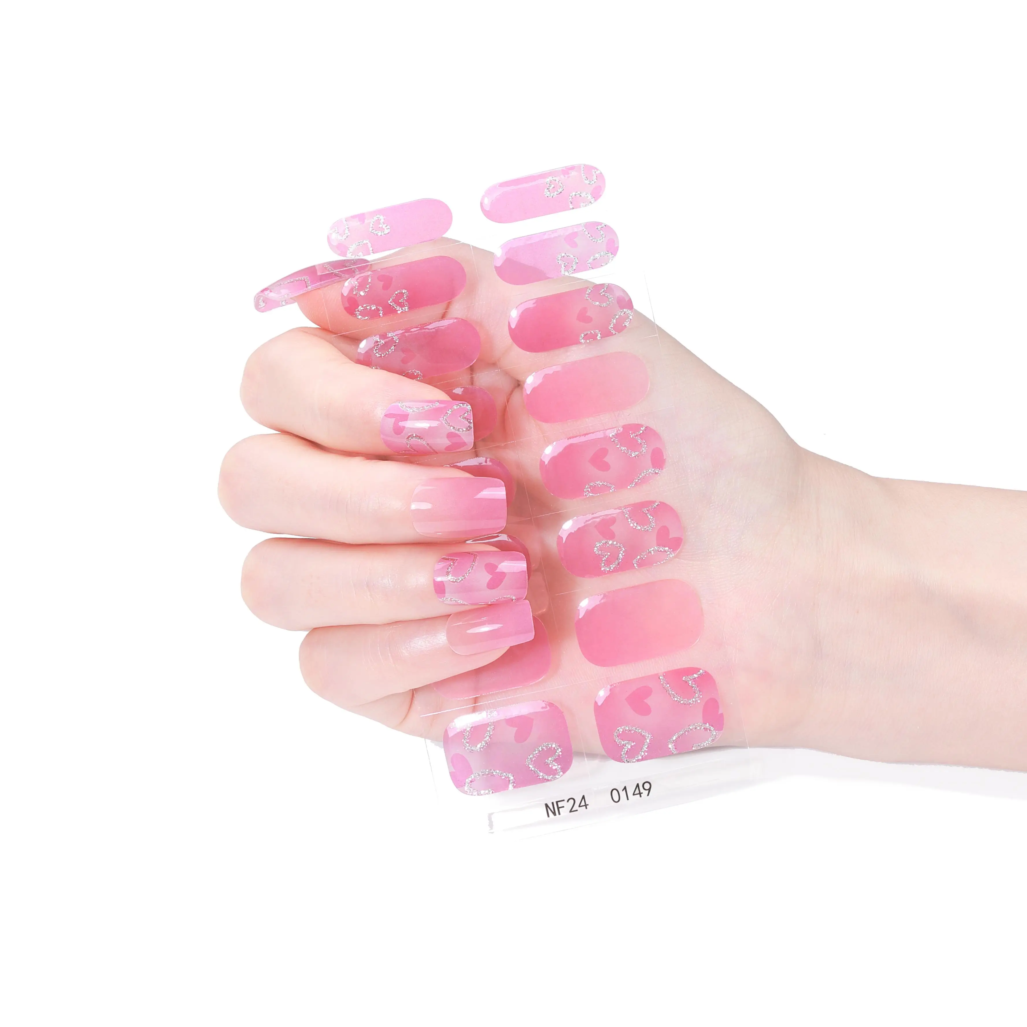 16Tips Pink Semi Cured Gel Nail Strips Charm Heart Gel Nail Sticker Long-Lasting Full Cover UV Nail Wraps DIY Manicure Decor