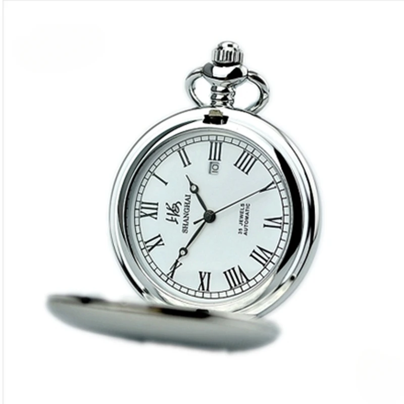 Shanghai Brand New Pocket Watch Fully Automatic Mechanical Pendant Watch Calendar Flip Roman Numerals Neutral Retro Pocket Watch
