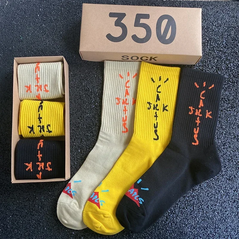 3 Pairs Men's Sports Style Street Skateboards Crew Cactus Jack Hip Hop Harajuku Basketball Socks Women