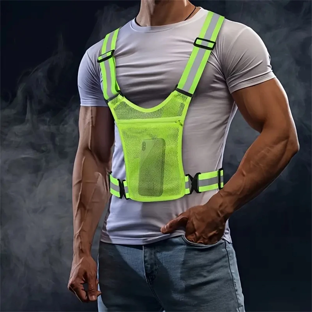 1pc Adjustable Reflective Safety Vest with Storage Pockets, High Visibility Polyester Gear for Outdoor Cycling and Running