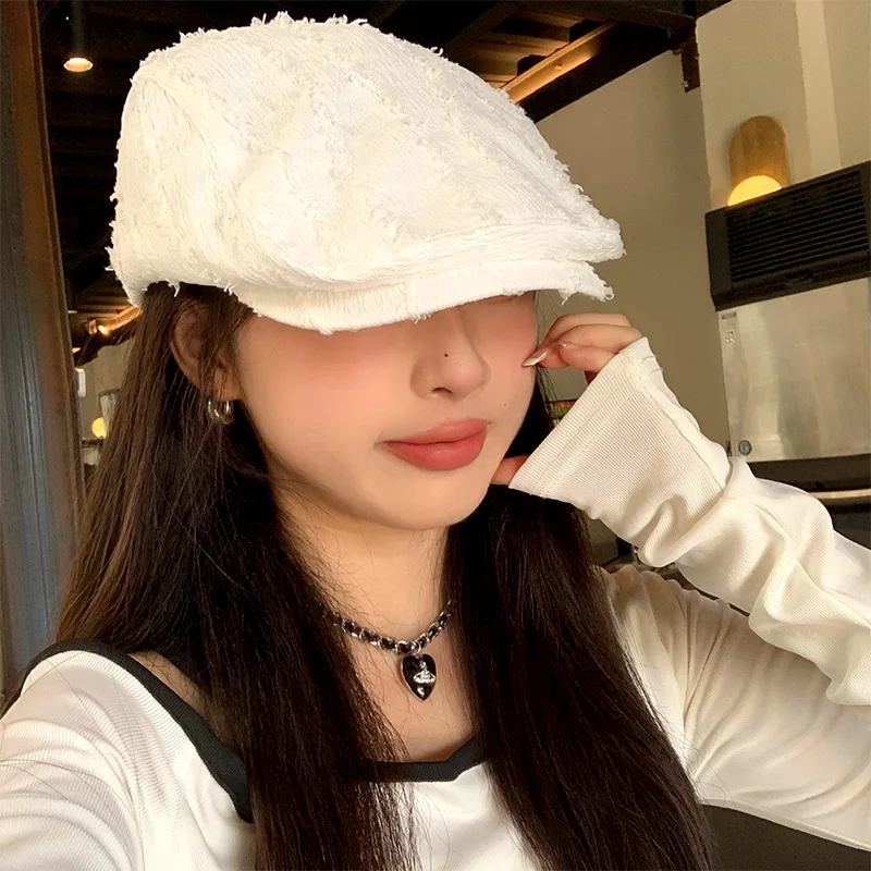 Burr Edge Berets for Women Girls Solid Color Simple Versatile Forward Hat Korean Literary Vintage Painter Caps Reverse Beret Cap