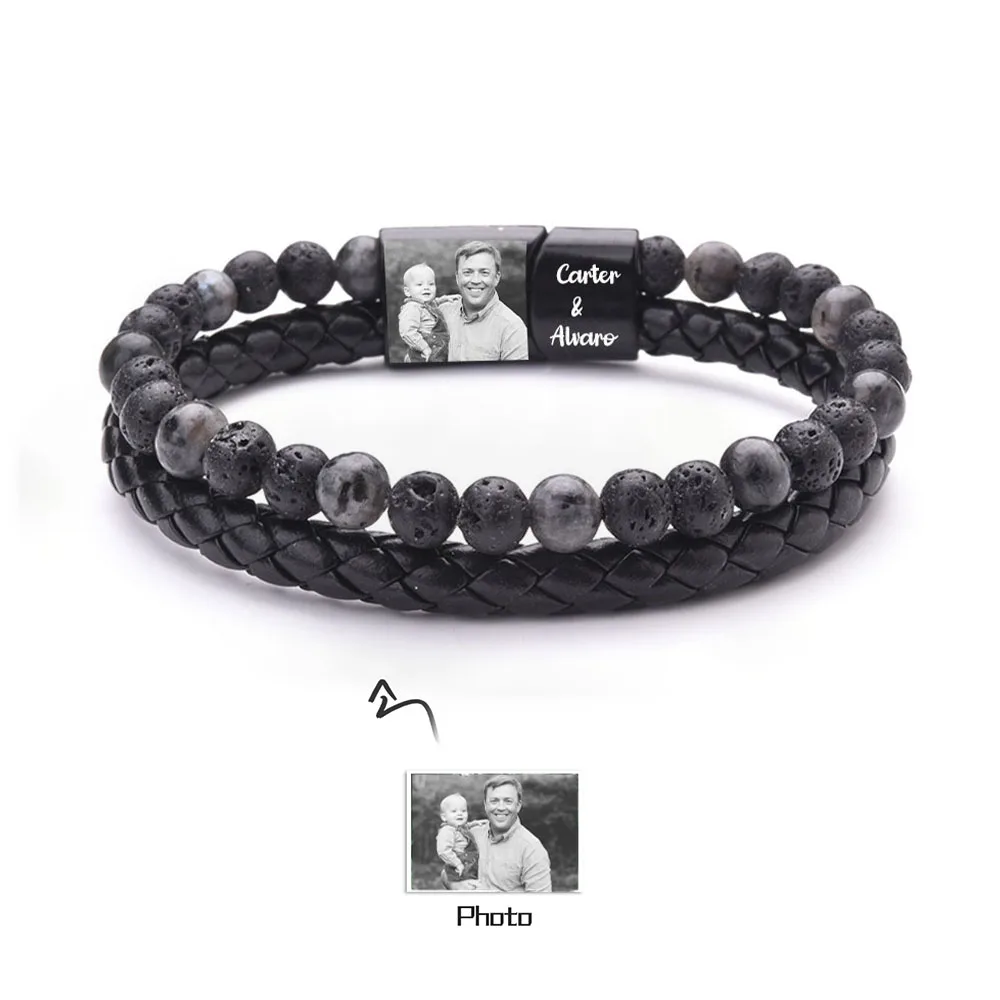 Personalize Men Photo Bracelets with Beads 2 Names Charm Bangle Black Stackable Jewelry Gift for Father Dad Grandpa Son