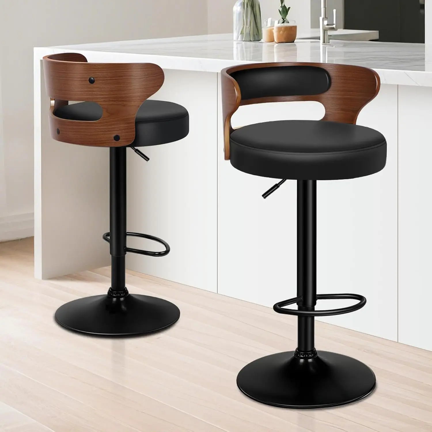 

Bar Stools Set of 2, Adjustable Height Swivel Barstools for Kitchen Counter, Modern PU Leather Upholstered Bar Chairs with Be