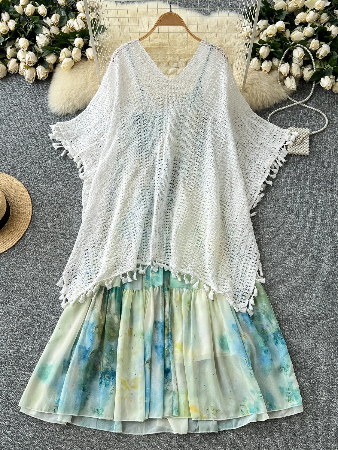 

n Print Off-oulder Chiffon Dr with Fringe Knitted awl Outerwear Women's Faion Summer Outfit Casual Chic
