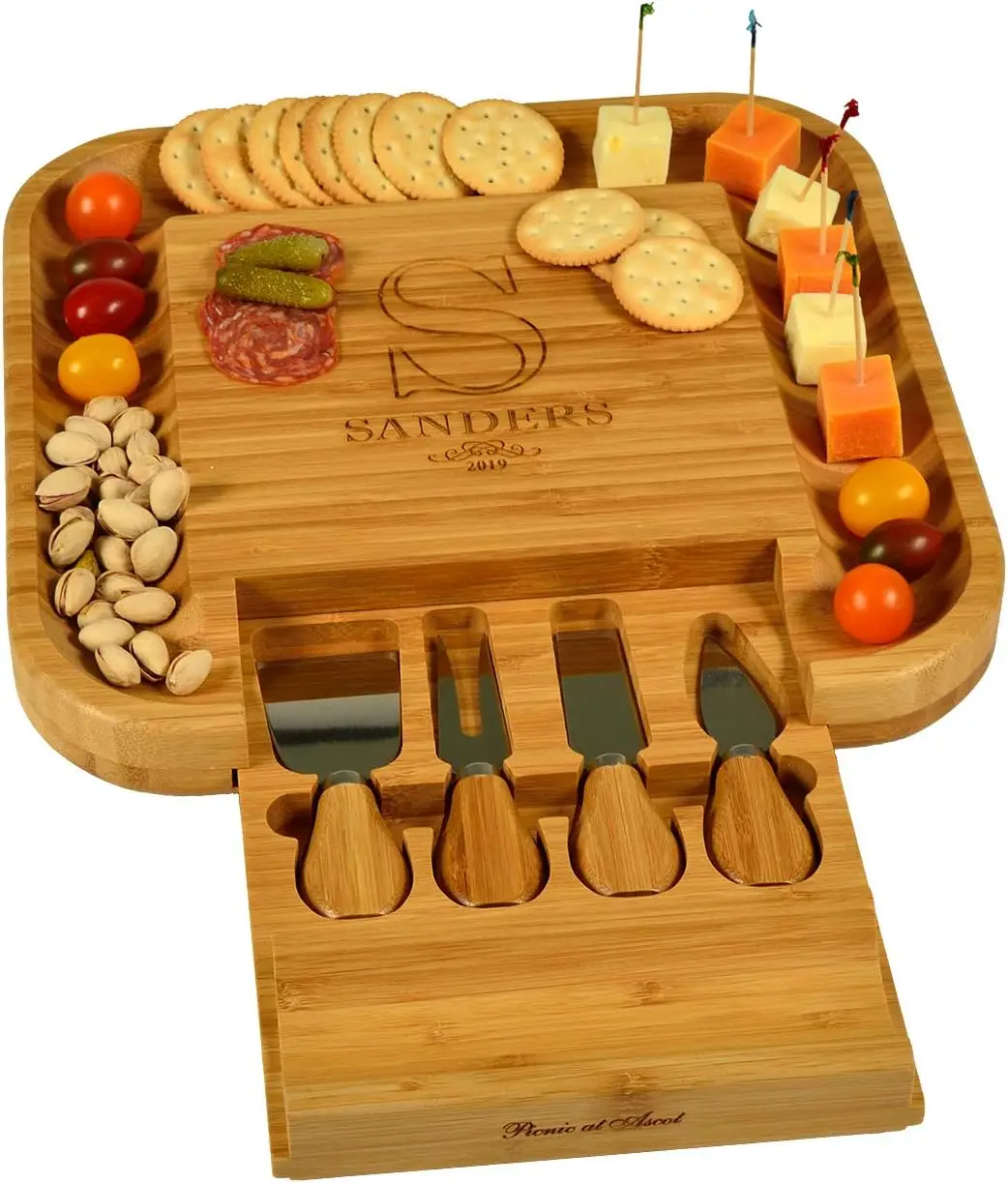 

Custom Personalized Engraved Bamboo Cheese/Charcuterie Cutting Board with Knife Set & Cheese Markers