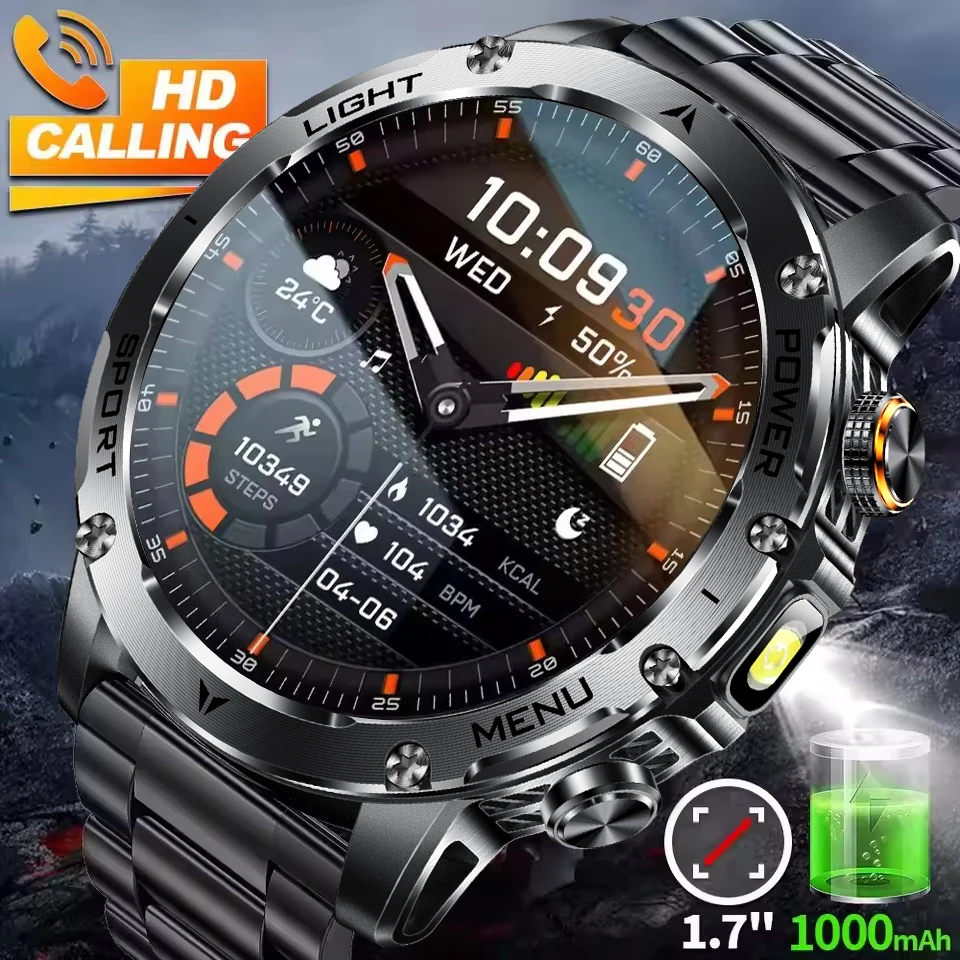 

Новинка 2025 года, мужские военные умные часы с аккумулятором 1000 мАч, уличный светодиодный фонарик, водонепроницаемые, пульсометр, спортивные HD BT, умные часы с вызовом