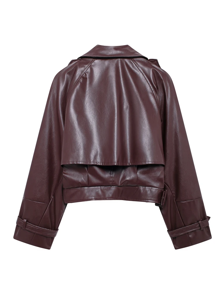 KAOPU ZA Women leather jacket coat vintage lapel-neck long sleeve female outerwear chic tops