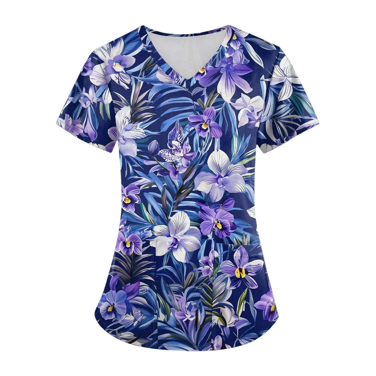 طقم زي عمل نسائي مطبوع عليه زهور تي شيرت بأكمام قصيرة وطبعة الهالوين ورقبة على شكل حرف V وسراويل طويلة ملابس العمل