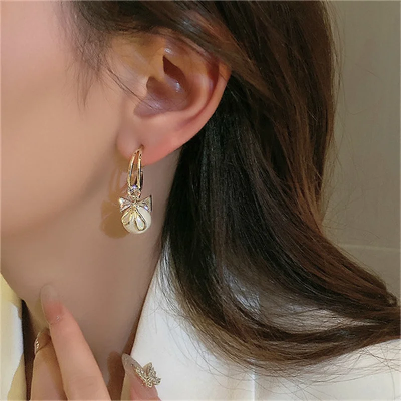 Korean Imitation Pearl Earring Crystal Bowknot Earrings For Women Girl New Light Luxury boucle d’oreille femme Fashion Jewelry