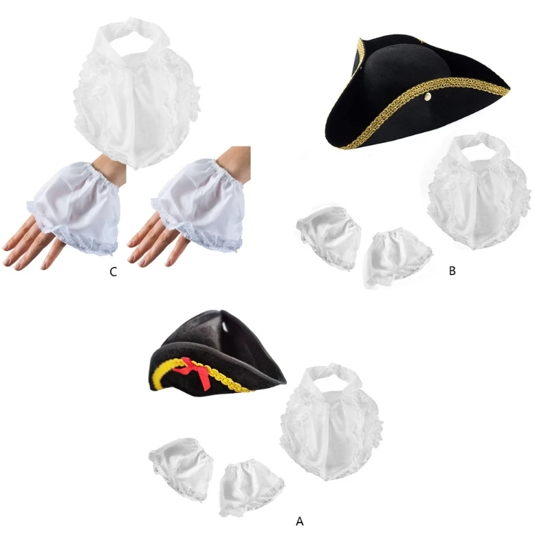 Tricorn Hat Historical Colonial Hat Party Hat White Cuffs Apron Black Pirate Hat Colonial Tricorn Hat for School Plays