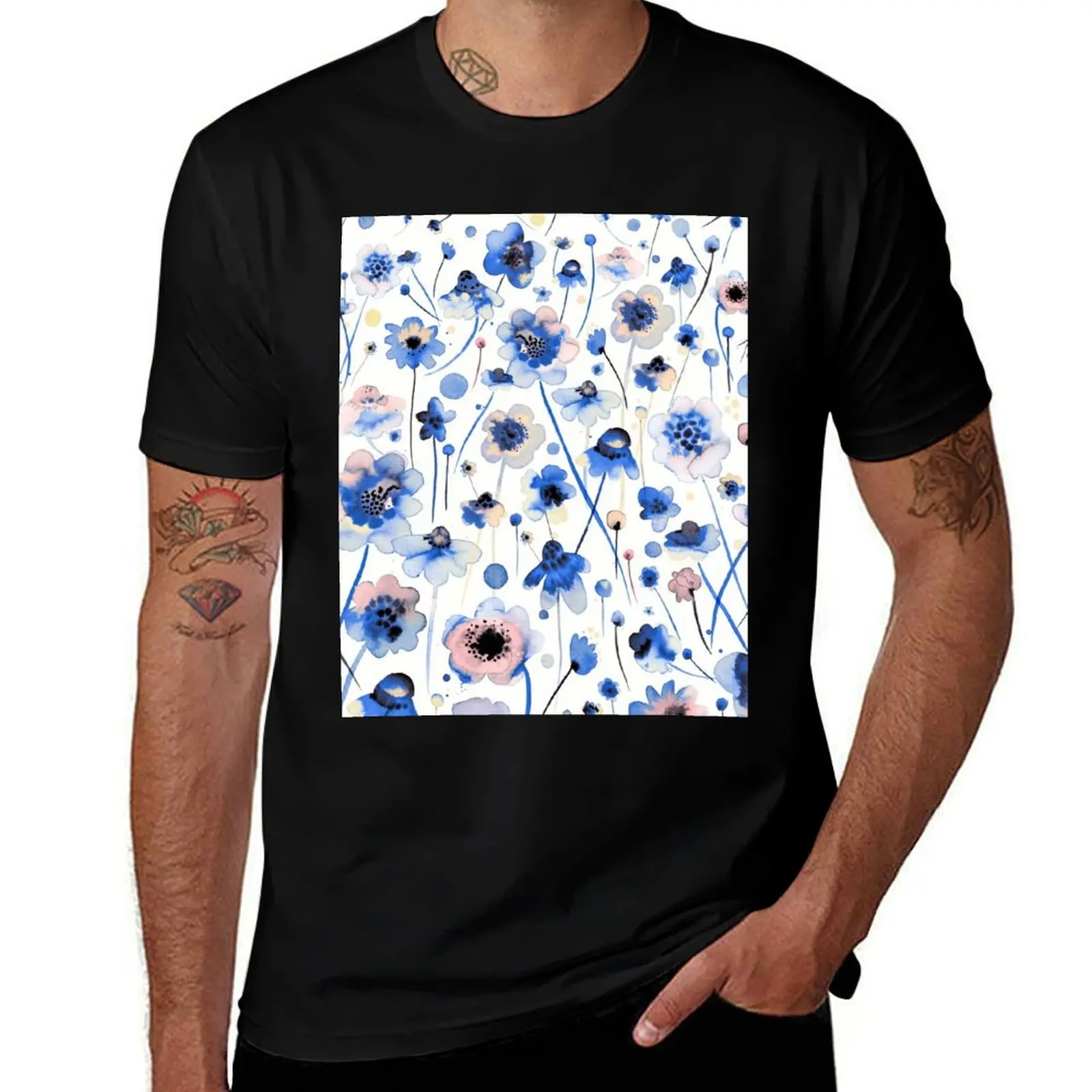Soft wildflowers painted with ink and watercolor - pastel blue T-Shirt football t shirt valentines clothes plain t shirts men