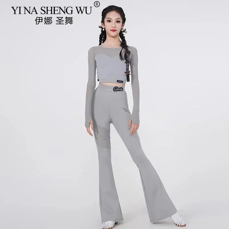 Latin Dance Practice Clothing Girls Black Grey Long Sleeve Tops Bell-bottoms Costume Salsa Cha Cha Performance Practice Wear New