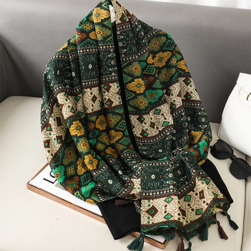 Fashion Luxury 2023 Green Ladies Speckle Women Scarf Female Long Shawl Tassel Four Seasons Versatile Floral Muslim Hijab