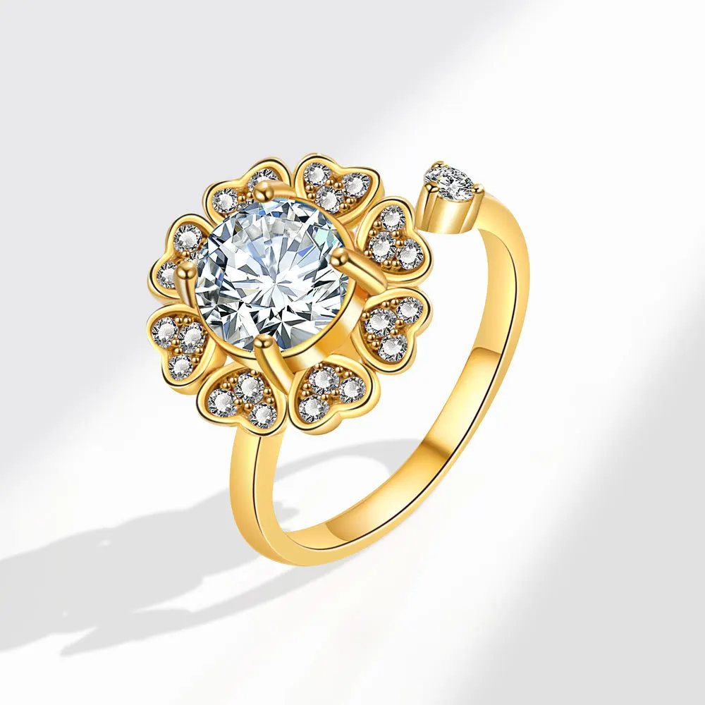 Love Heart Gold Crystal Rotating Ring Anti-Stress Anxiety Relief Couple Wedding Spin Freely for Stress Relief anillo ajustable view 3