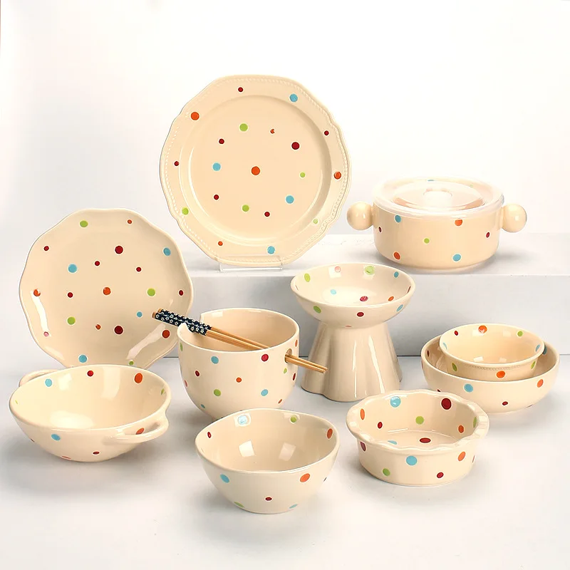 

Керамический набор посуды в горошек, миска для выпечки с волнистыми краями, миска для рисового супа, кружка, блюдо для домашних животных