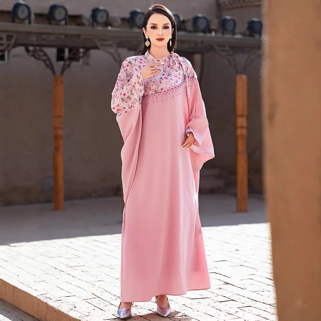Ba5139 Abito da donna con maniche a pipistrello Abaya stampato rosa 2025 Abito lungo musulmano Abito Abaya Ramadan Dubai Lusso Islam Elegante