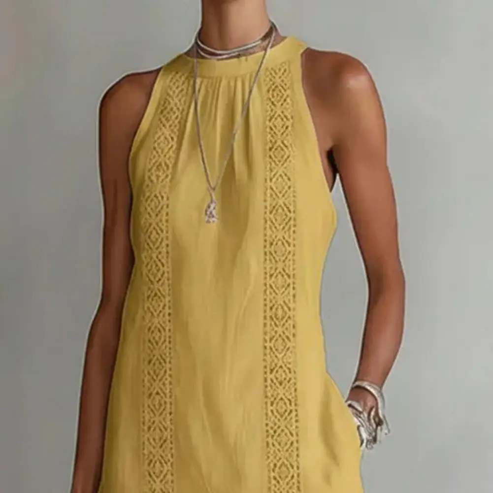 Damen Boho Sommerkleid mit Seitenschlitz Ärmellos Neckholder Einfarbig Spitze Spitzeneinsatz Ärmelloses Kleid Strandrock