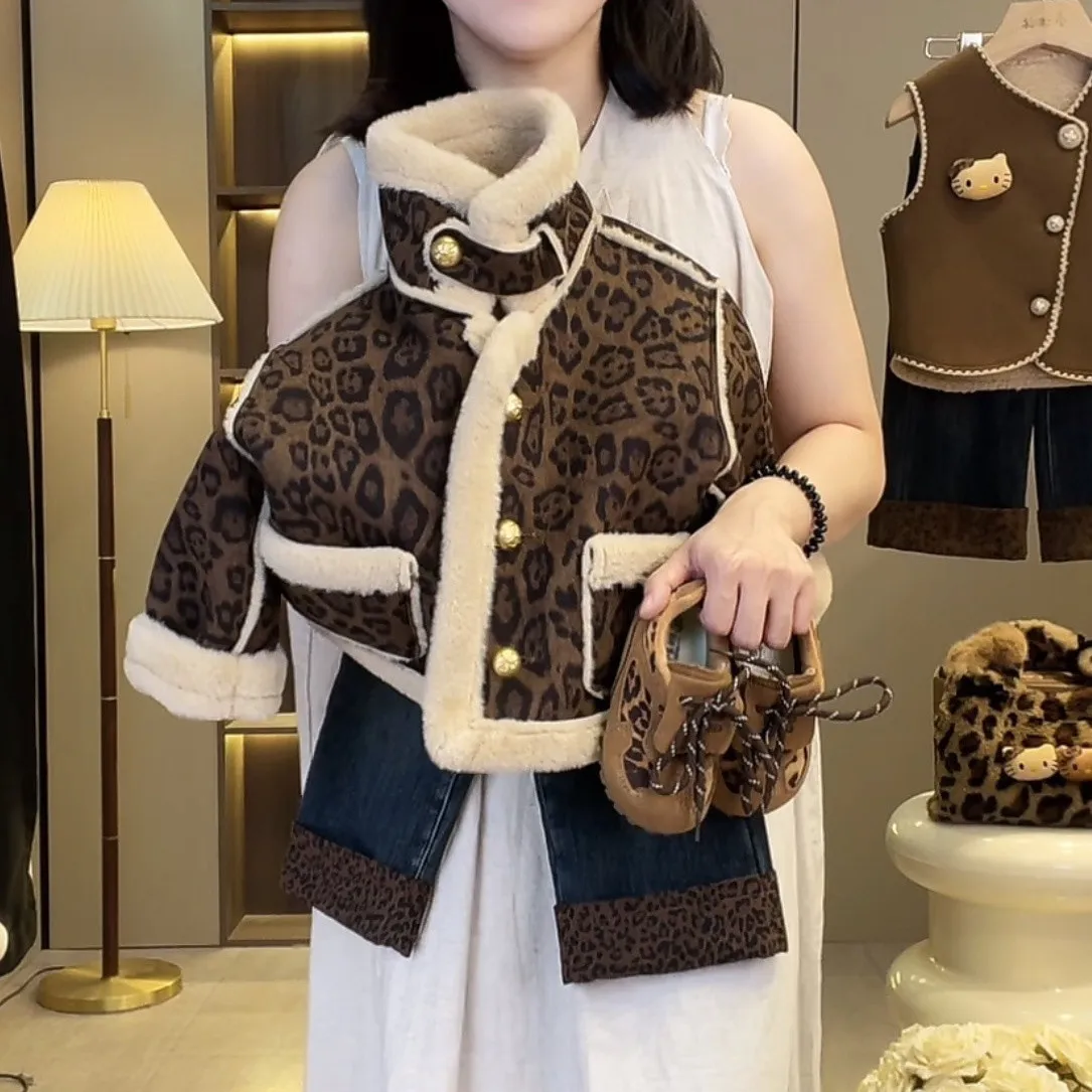Mädchen Leopardenmuster Jacke Herbst Winter Neue Kinder Fleece Gefütterte Warme Jacke Lammfell Oberbekleidung Modisch Niedlich
