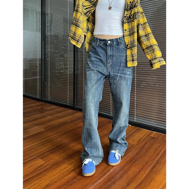 Jeans azul para mulheres, estilo americano, vintage dos anos 90, jean de cintura alta, calça reta, streetwear casual solta, calça jeans de perna larga, 2024