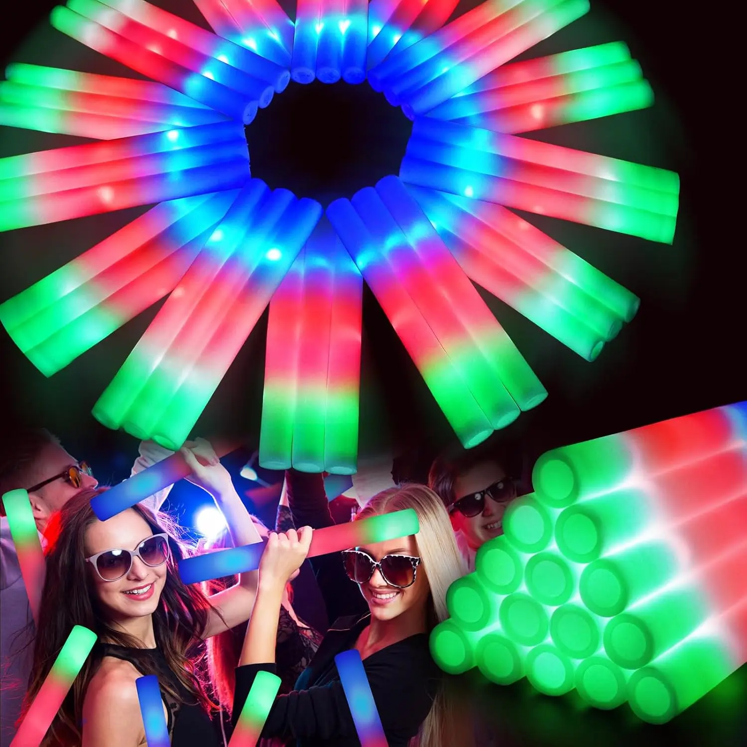 

120 PCS Foam Glow Sticks with 3 Modes, Colorful Flashing LED Light Sticks for Parties, Weddings, Raves