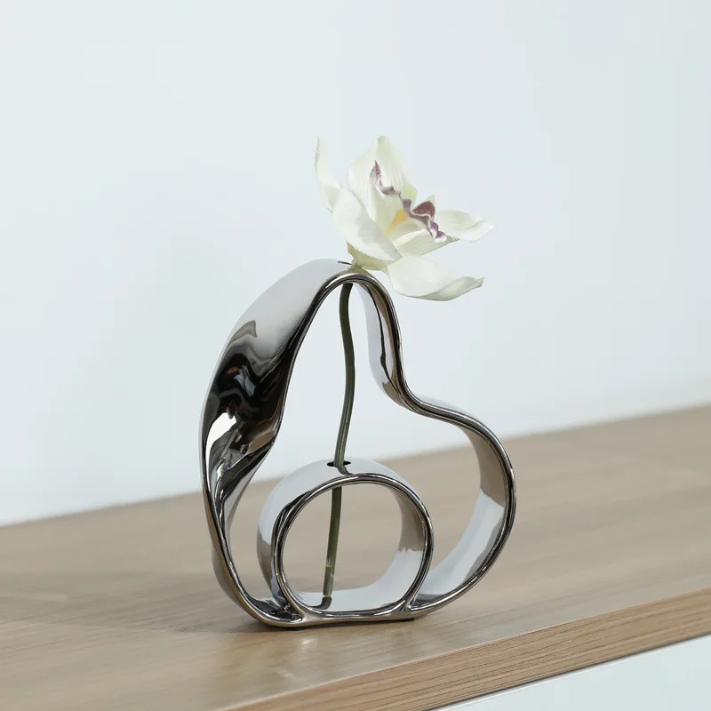 

Creative Ceramic Silver Vase Hollowed-out Flower Arrangement Ornaments Pleated Line Ribbon Handicrafts Geometric Solid