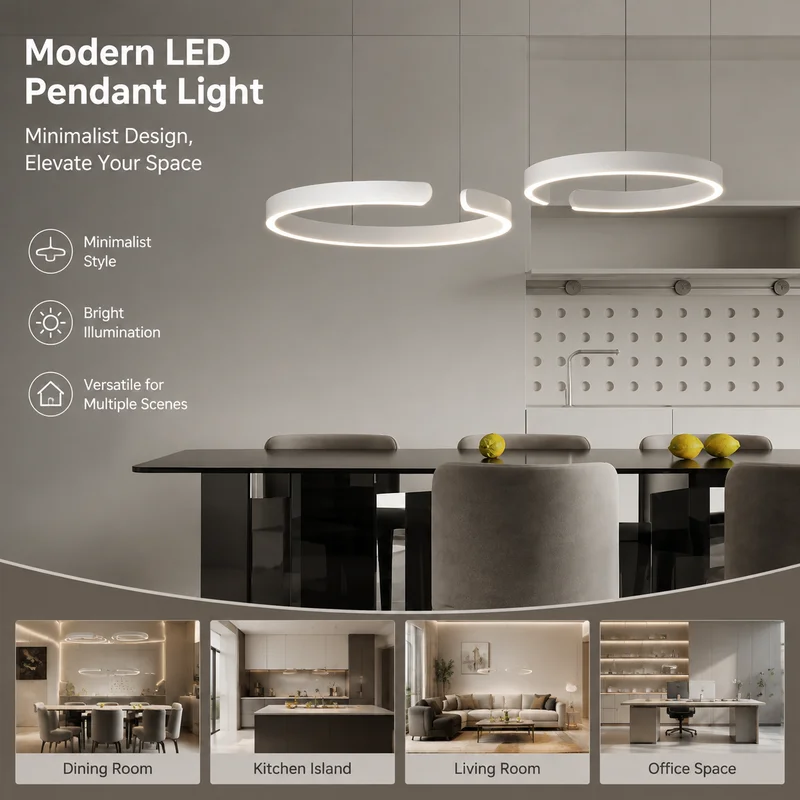 LED Chandelier C-Shaped Semi-Circle Pendant Light Modern Indoor Lighting for Bedroom Study Living Room Black White Ring Fixtures