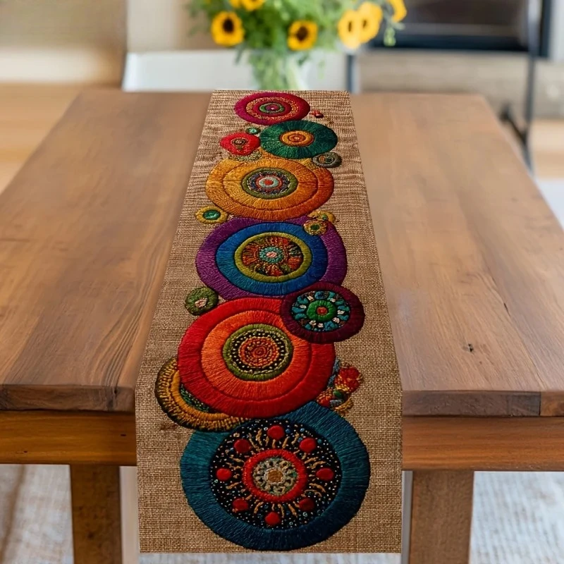 1-Piece Boho Colorful Circular Print Table Runner, All-Season Universal, Daily Dining Table Atmosphere Decor
