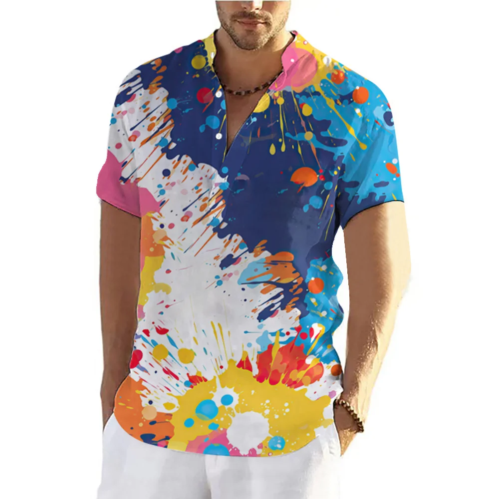 Summer Graffiti 3D Printed Henley Shirts Men's Fashion Oversized Button Stand Collar Short Sleeve T Shirt Tees Tops Man Clothing