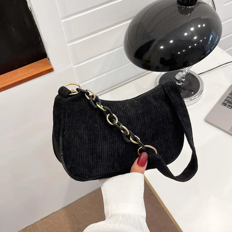 New Fashion Vintage Corduroy Women Handbags Underarm Bag Casual Shoulder Bags Solid Color Zipper Female