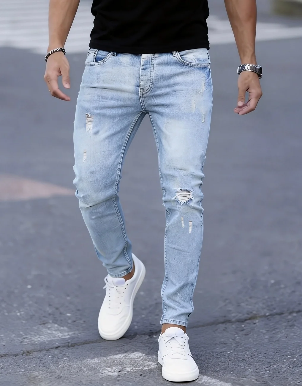 Men'S Slim Fit Stretch Ripped Jeans - Non-See-Through, Machine Washable, Suitable for All Seasons, Casual Formal Pants, Modern Cut, Fashionable Silhouette, Durable And Wear-Resistant, Essential for Young Professionals