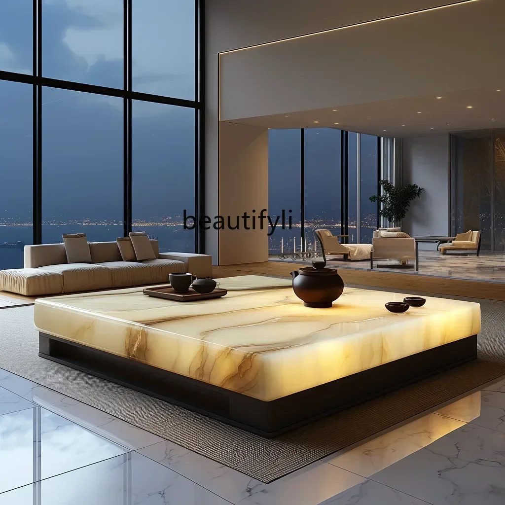 

Large flat-layer luminous coffee table jade luxury stone square marble natural light luxury new Chinese Zen leisure area