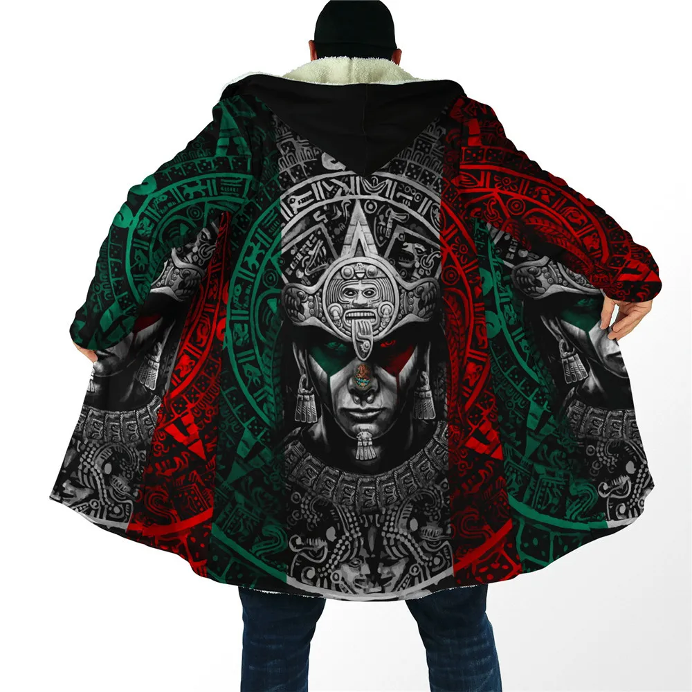 

HX Winter Mens Cloak Mexican Aztec Warrior Thick Warm Hooded Cloak for Men 3D Printed Windproof Fleece Cape Hooded Blanket