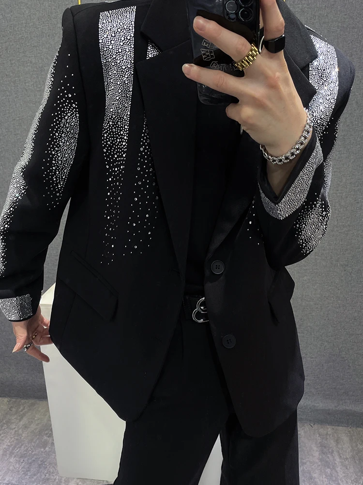 Men's Hot Rhinestone Starry Suit Jackets Handsome Trendy Male Loose Men's High-End Suit Jacket Fashion Long Sleeve Black Blazers