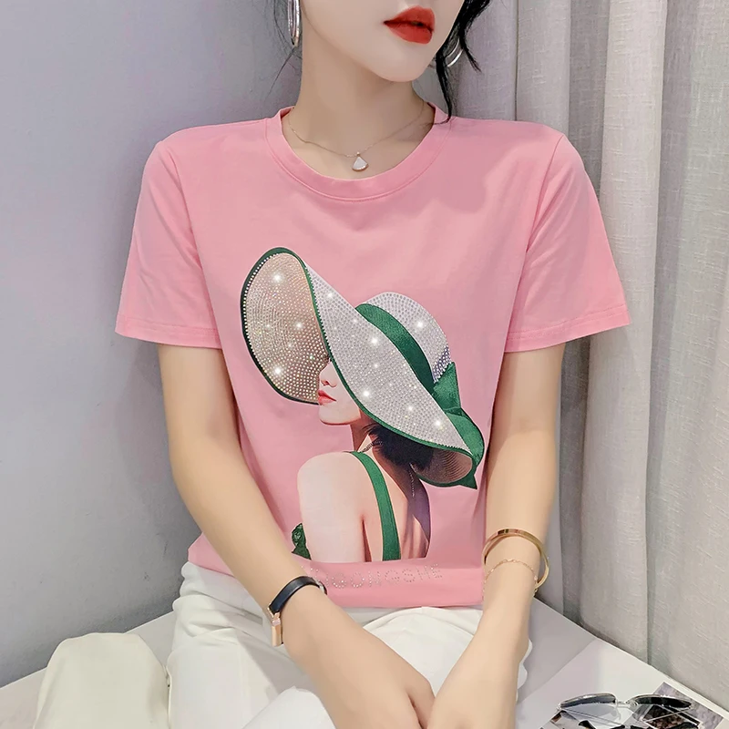 Summer European Clothes Cotton T-Shirt Chic Sexy Print Shiny Diamonds Women\'s Tops Short Sleeve New Elastic Hand Made Tees 2147