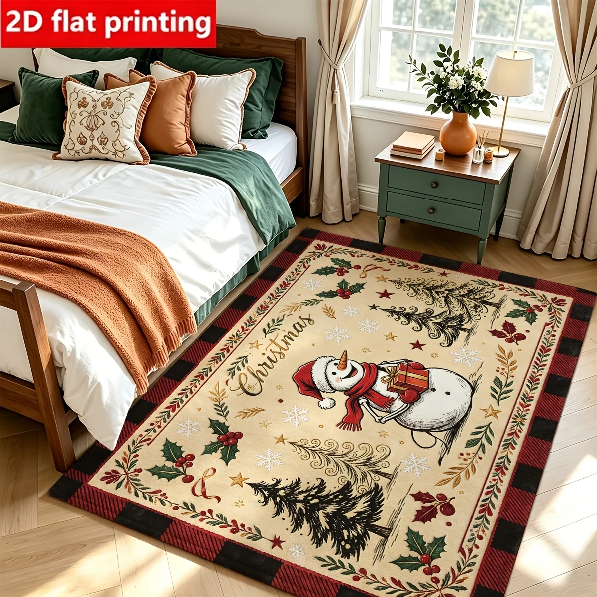 1pc 2D Flat Snowman Christmas Tree Holly Buffalo Plaid Printed Floor Mat, Decorative Rug for Living Room, Bedroom, Home