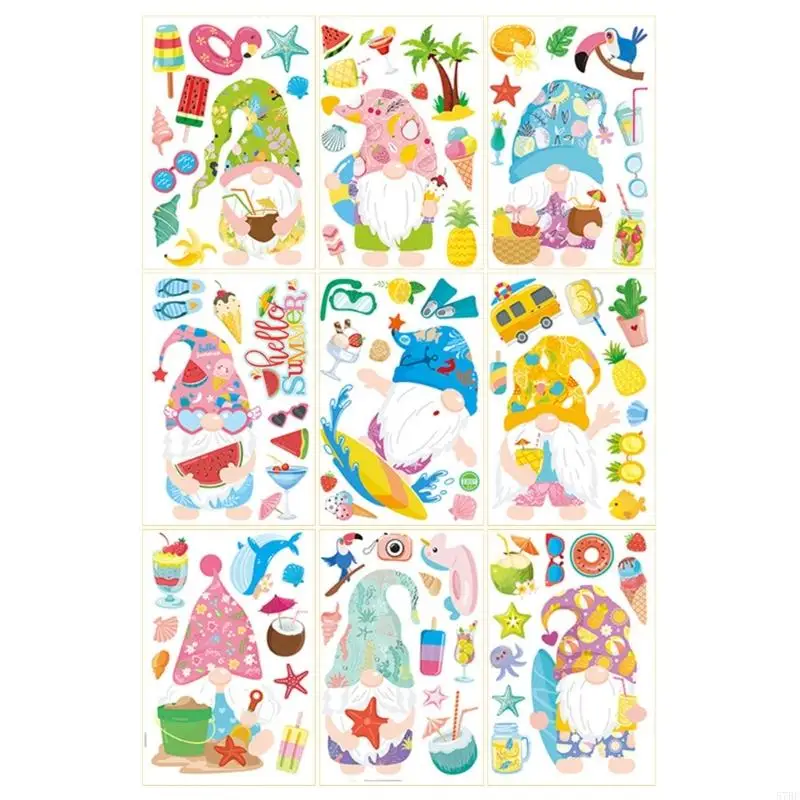 57BE Summer Window COLINGS 9 SHOETS GNOMES NOWSE TOPERSIONS BEATHER Party Decorations Double -Side Static Gall Secal