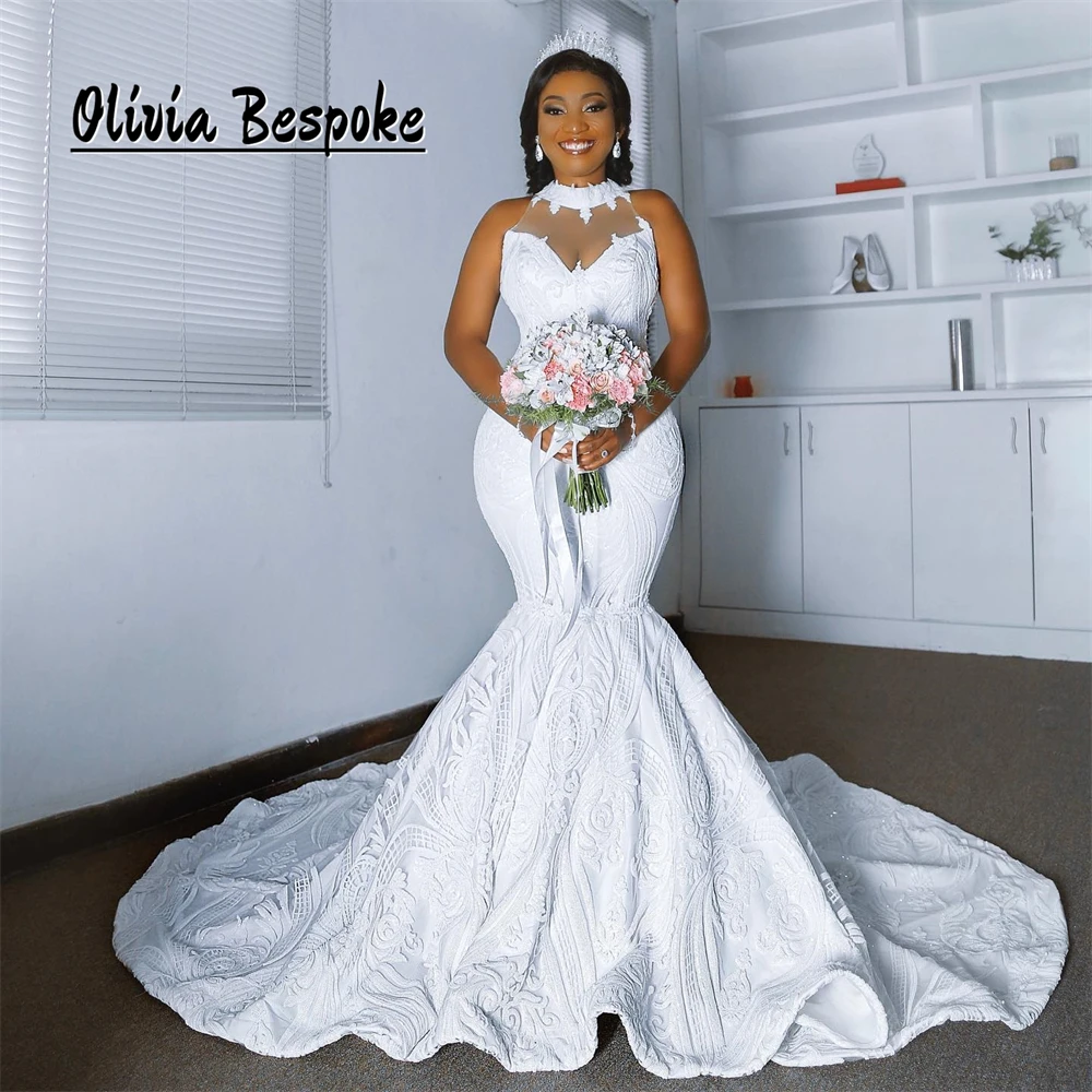 

Flawless White Sequined Lace Wedding Gowns For Women 2025 Bride Mermaid Aso Ebi African Reception Engagement Dress Customized