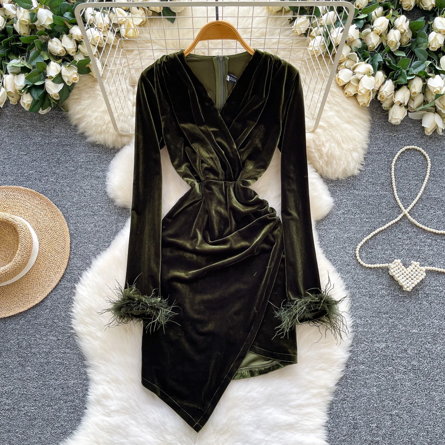 Clothland Women Vintage Velour Asymmetrical Dress V Neck Long Sleeve Feather Irregular Retro Mini Dresses QE270