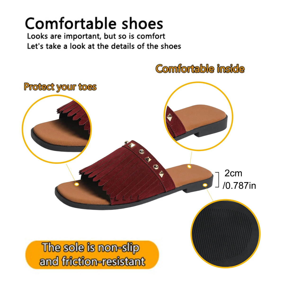 Summer Women's Low-Heel round head soft sole Suede Sandals Fashion Fringe Tassel metal decoration comfortable Beach Slipper