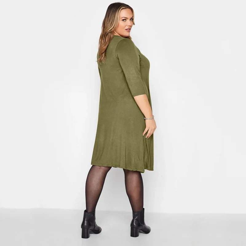 Plus Size Half Sleeve Casual Summer Tunic Dress Pockets Front Loose Straight Midi Dress Large Size Flare Basic T-shirt Dress 7XL